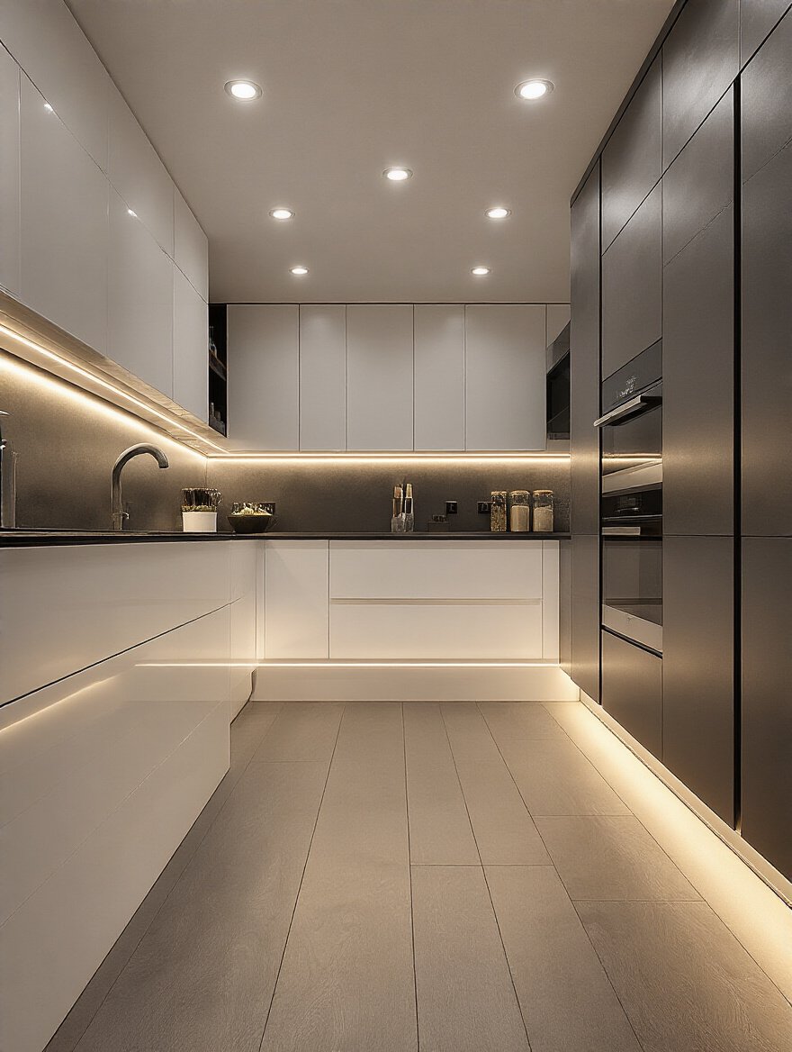 Modern kitchen with layered lighting illuminating cabinetry and countertops, showcasing enhanced furniture features and function
