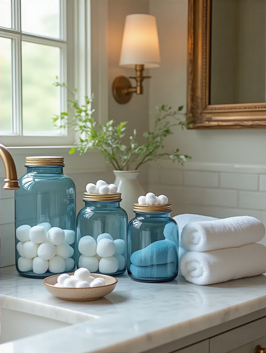Portrait photo of a marble bathroom vanity styled with a trio of blue apothecary jars filled with cotton balls and washcloths, soft natural light highlighting the glass