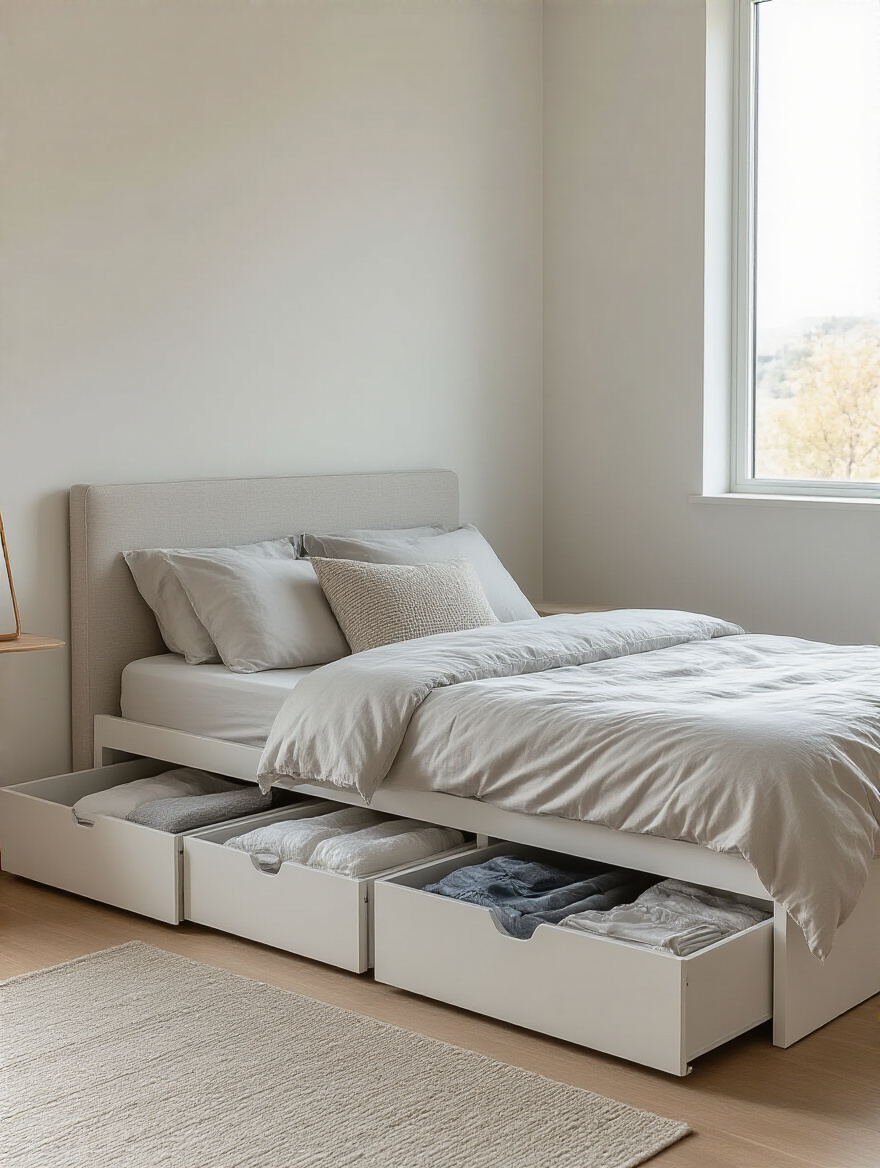 Modern small bedroom with under-bed storage drawers open showing organized linens and clothes beneath the bed