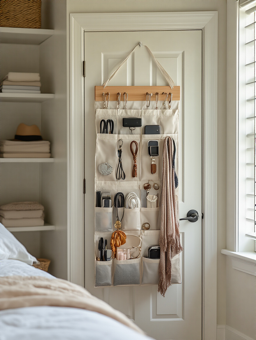 Portrait image of a small bedroom door with a clear over-the-door pocket organizer filled with accessories in a tidy, well-lit room