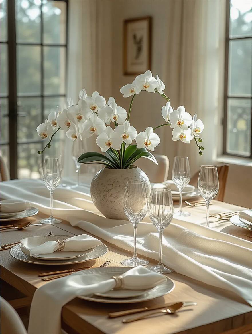 Elegant dining table adorned with a modern artistic centerpiece, high-quality ivory linen tablecloth, handcrafted ceramic plates, gold flatware, and crystal glassware, creating a sophisticated and inviting table setting.