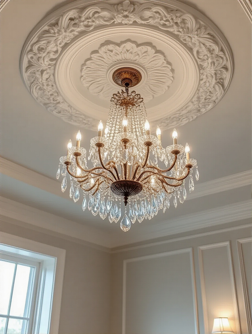 A beautiful crystal chandelier framed by a decorative, white sculpted ceiling medallion in a formal dining room, enhancing the room's elegant architectural details.