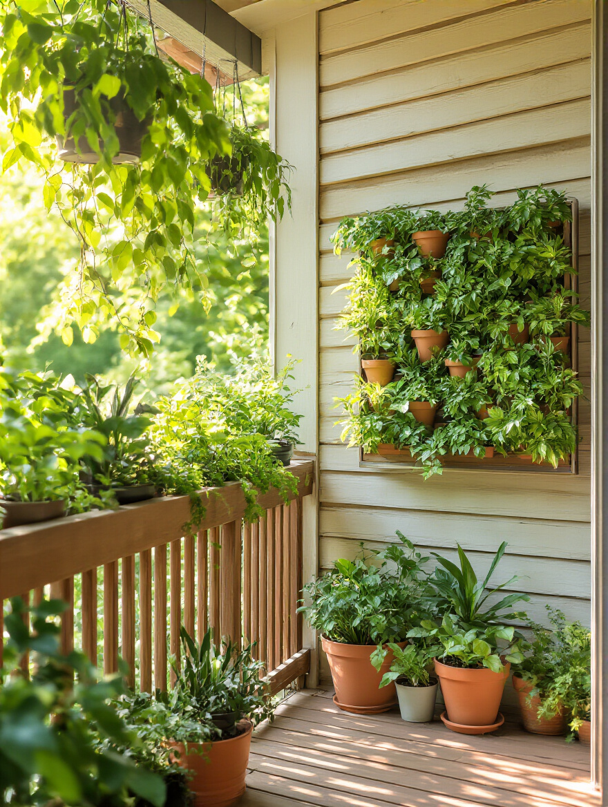 Lush back porch greenery with potted plants and vertical garden.