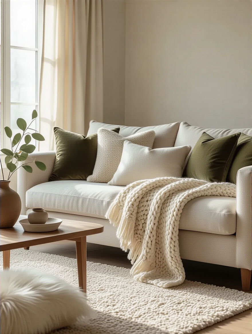 Portrait of a cozy living room with textured throws and pillows on a sofa