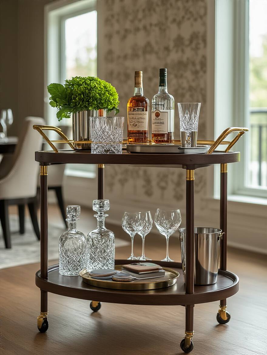 A sophisticated two-tier bar cart, styled with decanters, glassware, and a plant, positioned elegantly in a modern dining room setting.