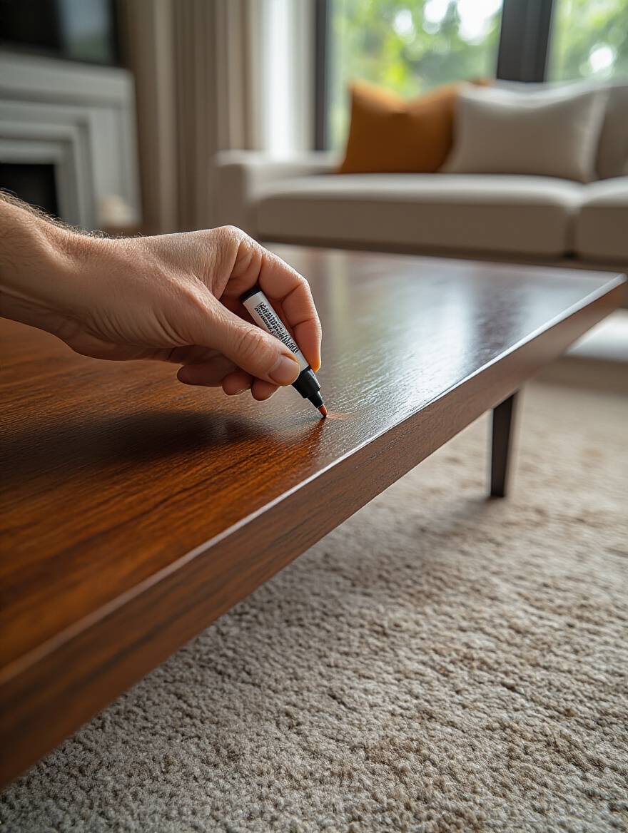 A hand applying wood touch-up marker to a minor scratch on a polished wooden coffee table, highlighting proactive furniture maintenance and prompt repairs.