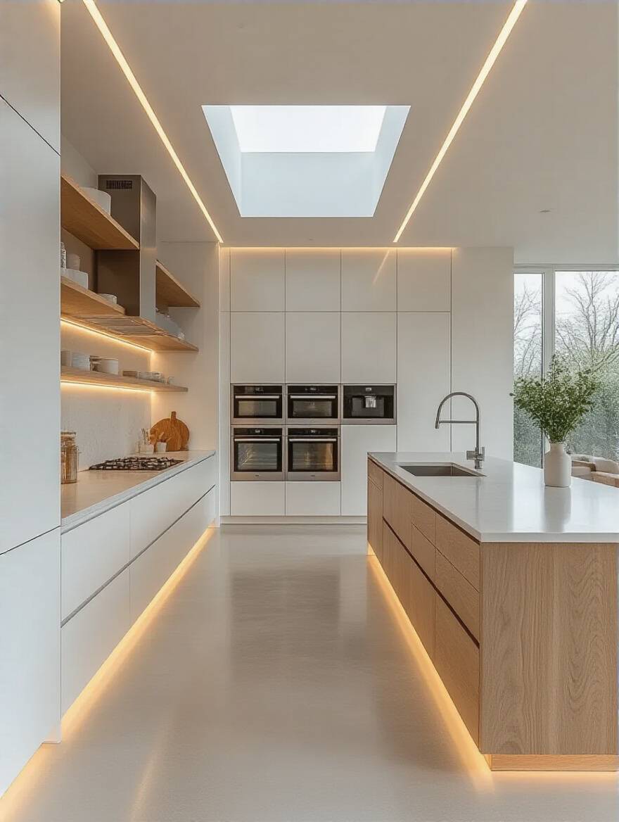 Modern kitchen with clear, wide pathways demonstrating optimized foot traffic patterns and flow around a minimalist island. Designed to prevent obstruction.