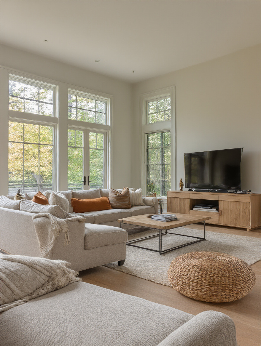 Portrait living room layout with clear traffic flow and defined zones