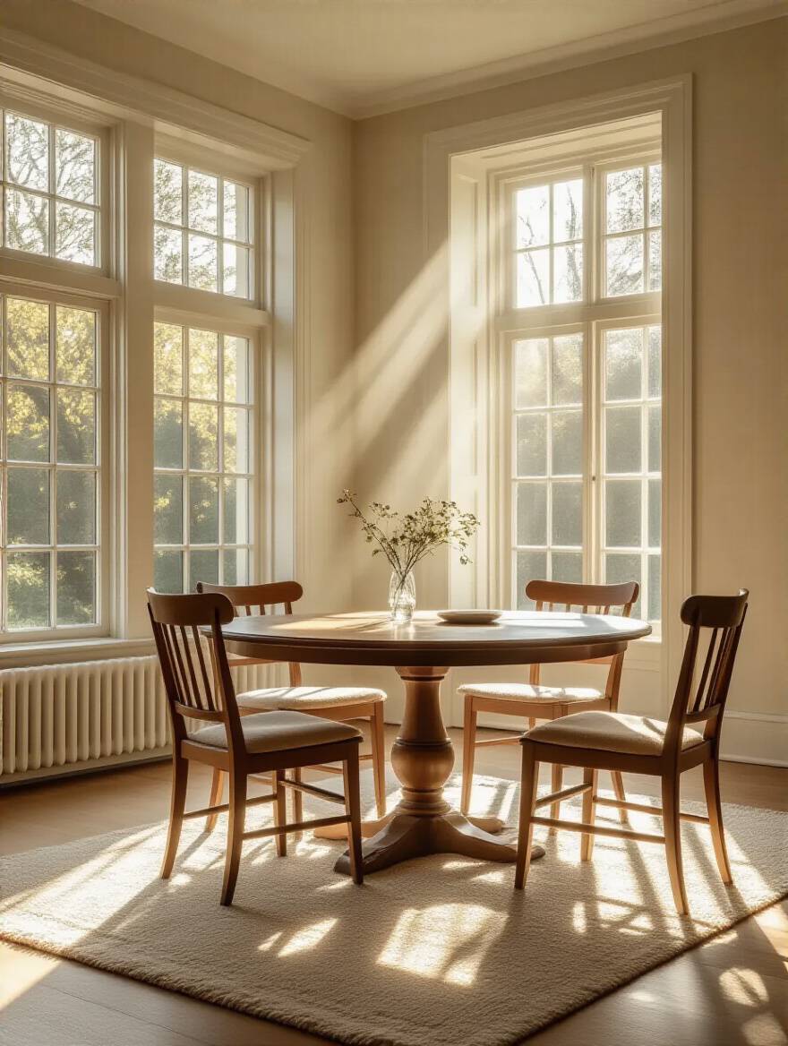 A bright dining room interior with abundant natural light streaming through large windows, highlighting a dining table and chairs, demonstrating the importance of assessing natural light sources for optimal illumination and room orientation.