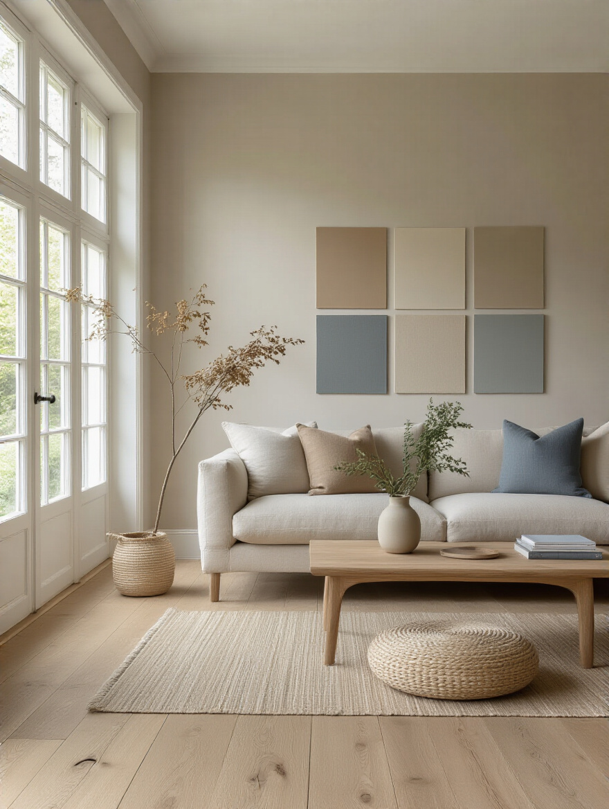 Portrait living room with natural light testing paint swatches on wall