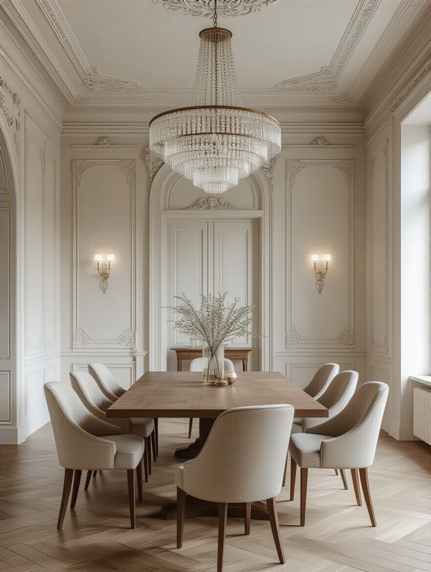Elegant dining room with high ceilings, large table, and an implied ideal chandelier placement, showcasing balanced proportions and scale.