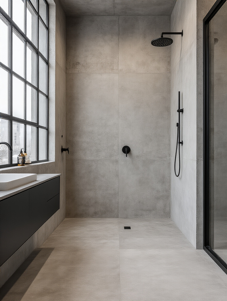 Modern industrial bathroom with large format concrete-look tiles, showcasing optimized tile size for an expansive, minimalist aesthetic.