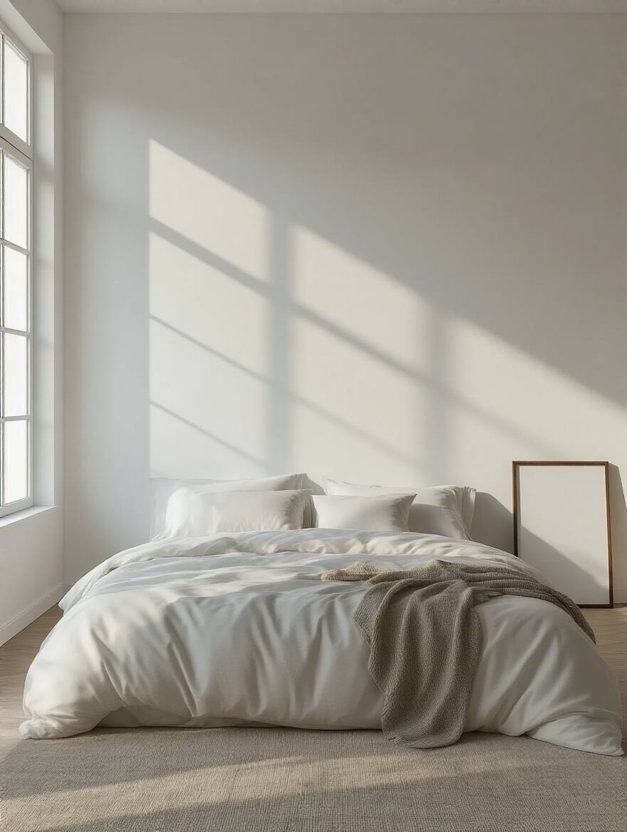 Bedroom wall with soft natural light, illustrating optimal art print placement assessment.