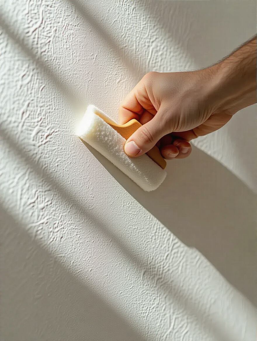 Close-up of a wallpaper smoother tool flattening textured wallpaper on a bedroom wall, ensuring no bubbles or wrinkles.