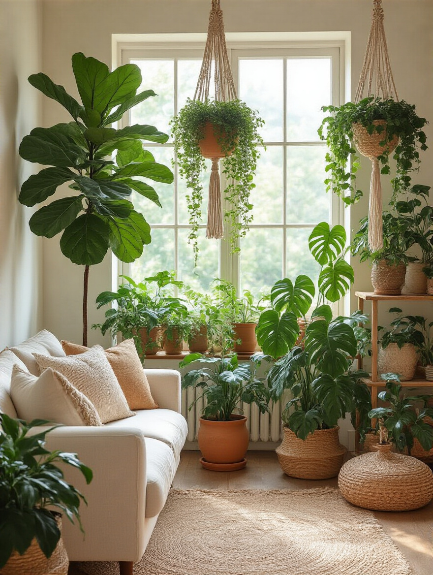 A beautiful boho living room filled with diverse indoor plants, including a tall Fiddle Leaf Fig in a terracotta pot, trailing Pothos in macrame hangers, and a large Monstera in a woven planter, all bathed in soft natural light.