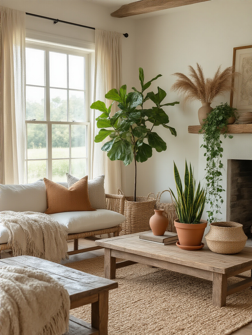 Rustic living room with tall fiddle-leaf fig, dried pampas, and greenery