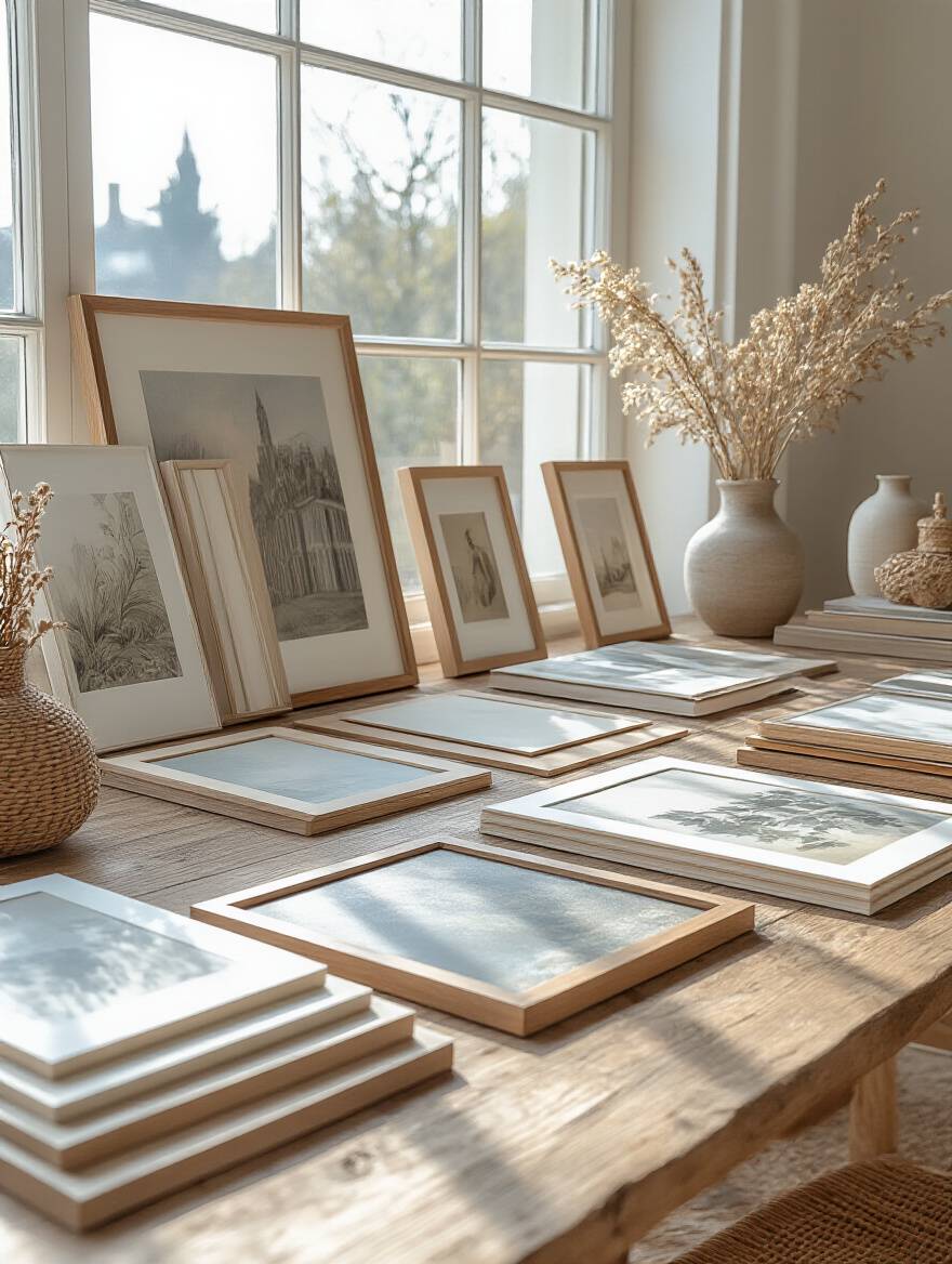 A sophisticated flat lay showing various elegant art print samples, custom frame corners, and mat board swatches laid out on a clean white surface under soft, diffused light, suggesting careful selection and budgeting for home decor.