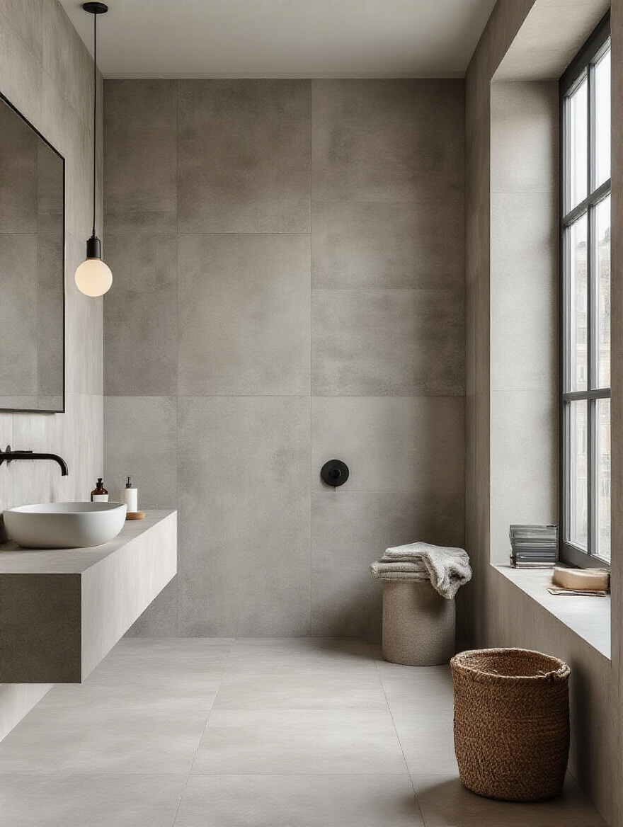 A modern industrial bathroom with high-quality, large-format concrete-effect tiles on walls and floor, representing effective budgeting for durable industrial tile materials.