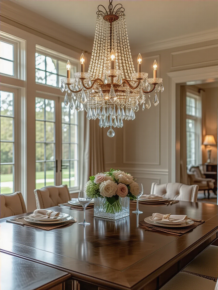 A beautifully proportional multi-tiered crystal chandelier hanging above a grand dark wood dining table in an elegant dining room, demonstrating perfect chandelier diameter and visual harmony. The scene is lit by soft natural light.