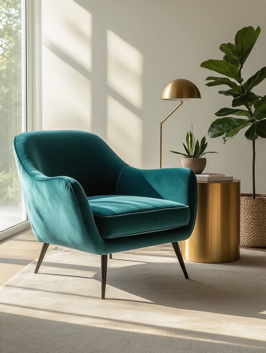 Vibrant teal velvet accent chair in a modern living room, adding a pop of color and enhancing visual interest.