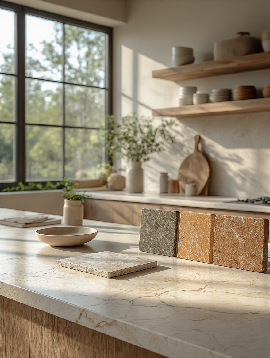 Portrait of a modern kitchen island featuring durable countertop materials (quartz, granite, quartzite) with sample slabs and soft lighting.