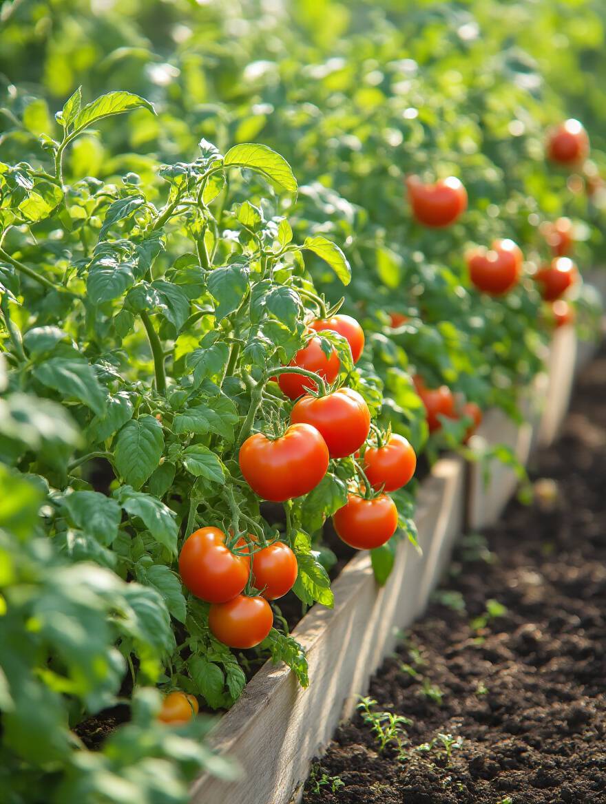 A thriving organic garden with healthy, vibrant green tomato plants laden with red fruit, showcasing disease-resistant varieties.