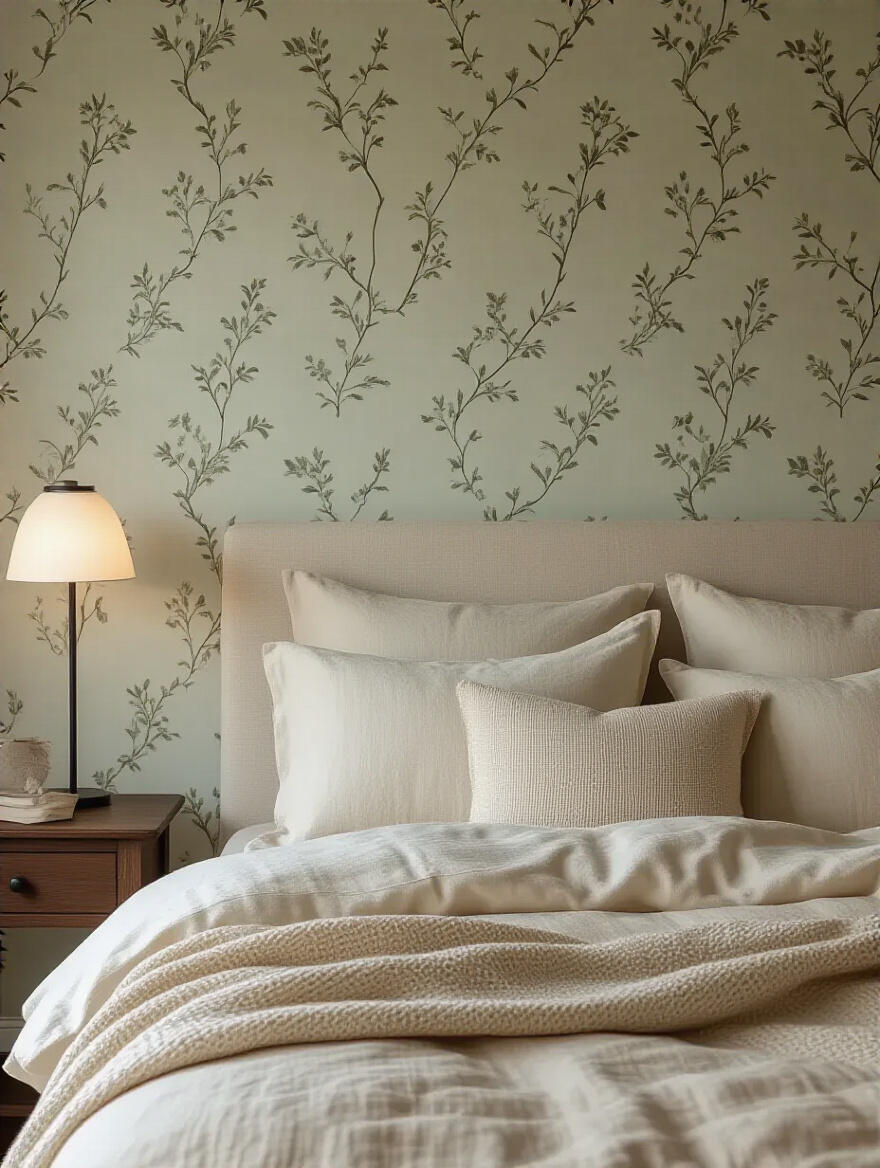 A tranquil bedroom featuring a wall covered in delicate, small-scale botanical wallpaper, evoking a cozy and intimate atmosphere. The bed has soft linens, and a lamp casts warm light.