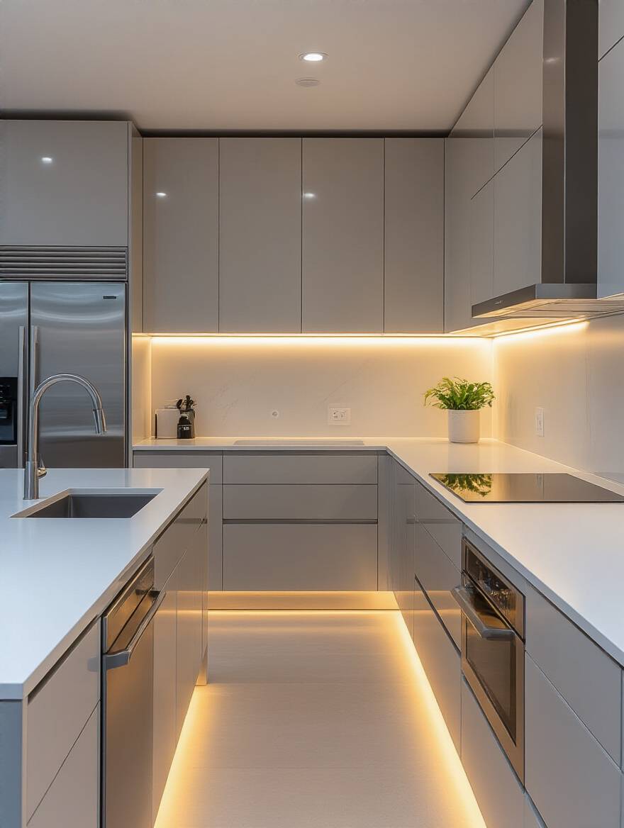 Modern kitchen featuring white flat-panel cabinetry with integrated handleless design, sleek quartz waterfall island, hidden LED lighting, and concealed appliances, conveying a pristine minimalist appeal.