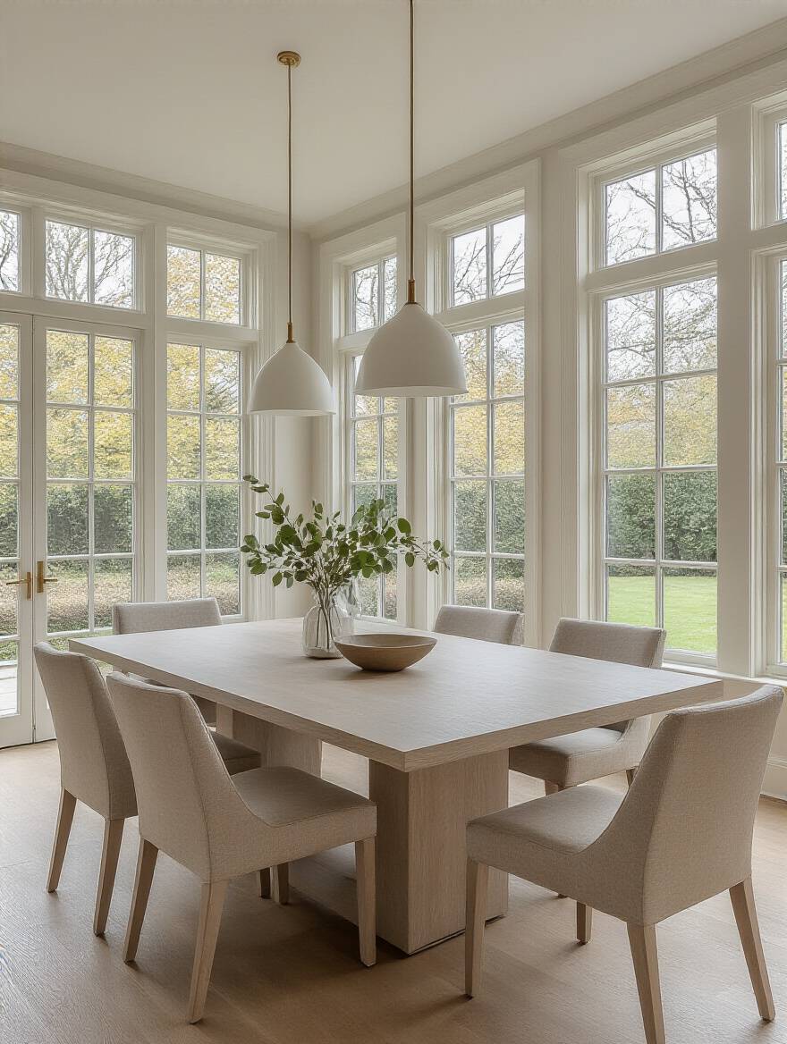 A sophisticated, spacious dining room featuring a perfectly sized extendable dining table with ample clearance, illustrating optimal dining table selection for a comfortable and functional living space.