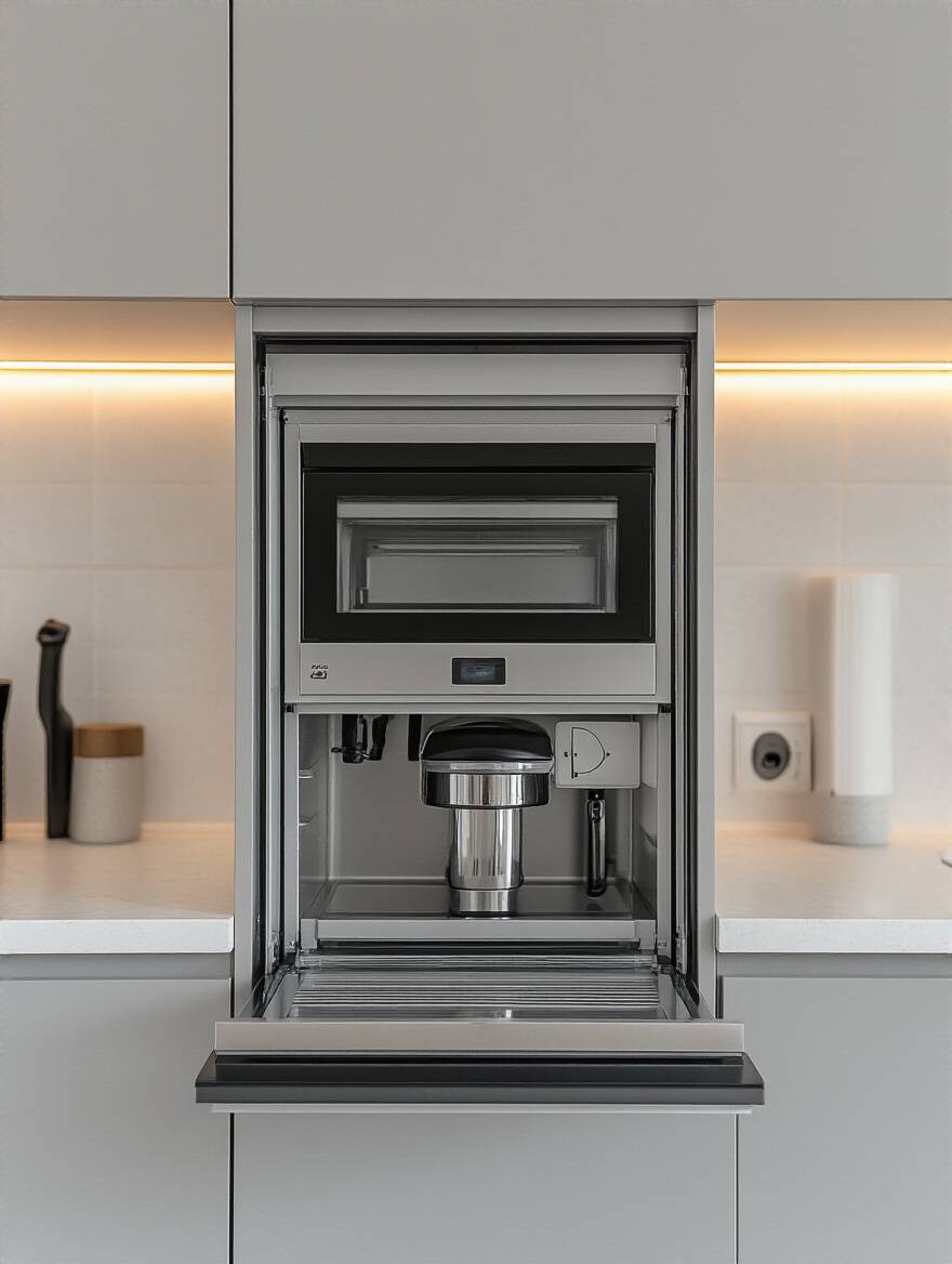 Modern kitchen featuring an open appliance garage cabinet with a roll-up tambour door, neatly hiding a small appliance inside and reducing countertop clutter.