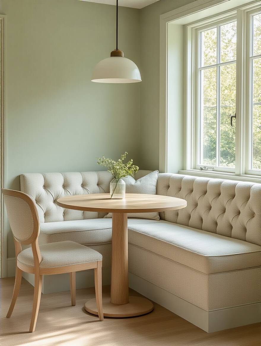 Stylish L-shaped banquette seating with a round table in a sunlit dining nook, showcasing space-saving comfort.