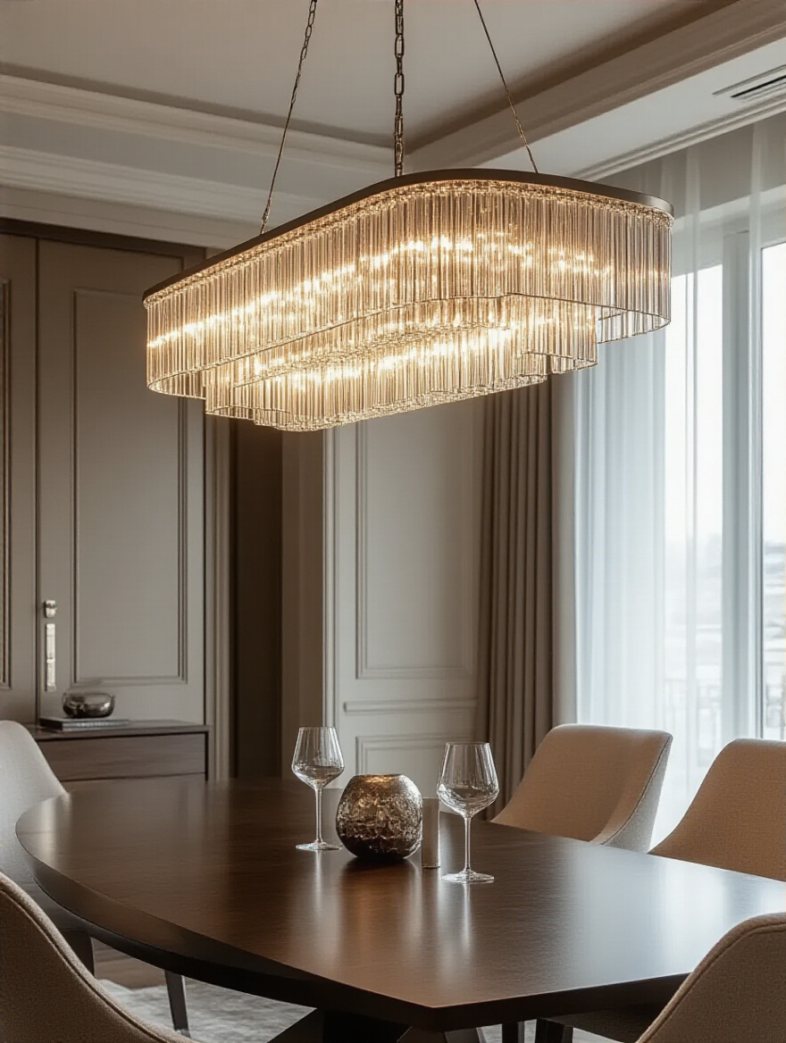 Beautifully styled dining room showcasing a perfectly hung chandelier with an ideal chain length and a custom, integrated canopy design, creating balanced lighting and enhanced room aesthetics.