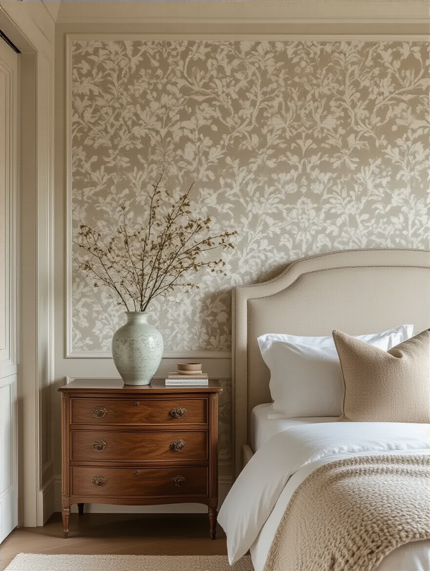 Portrait view of a bedroom featuring a harmonious wallpaper design integrated with an elegant wooden dresser and decorative vase, showing cohesive interior styling.