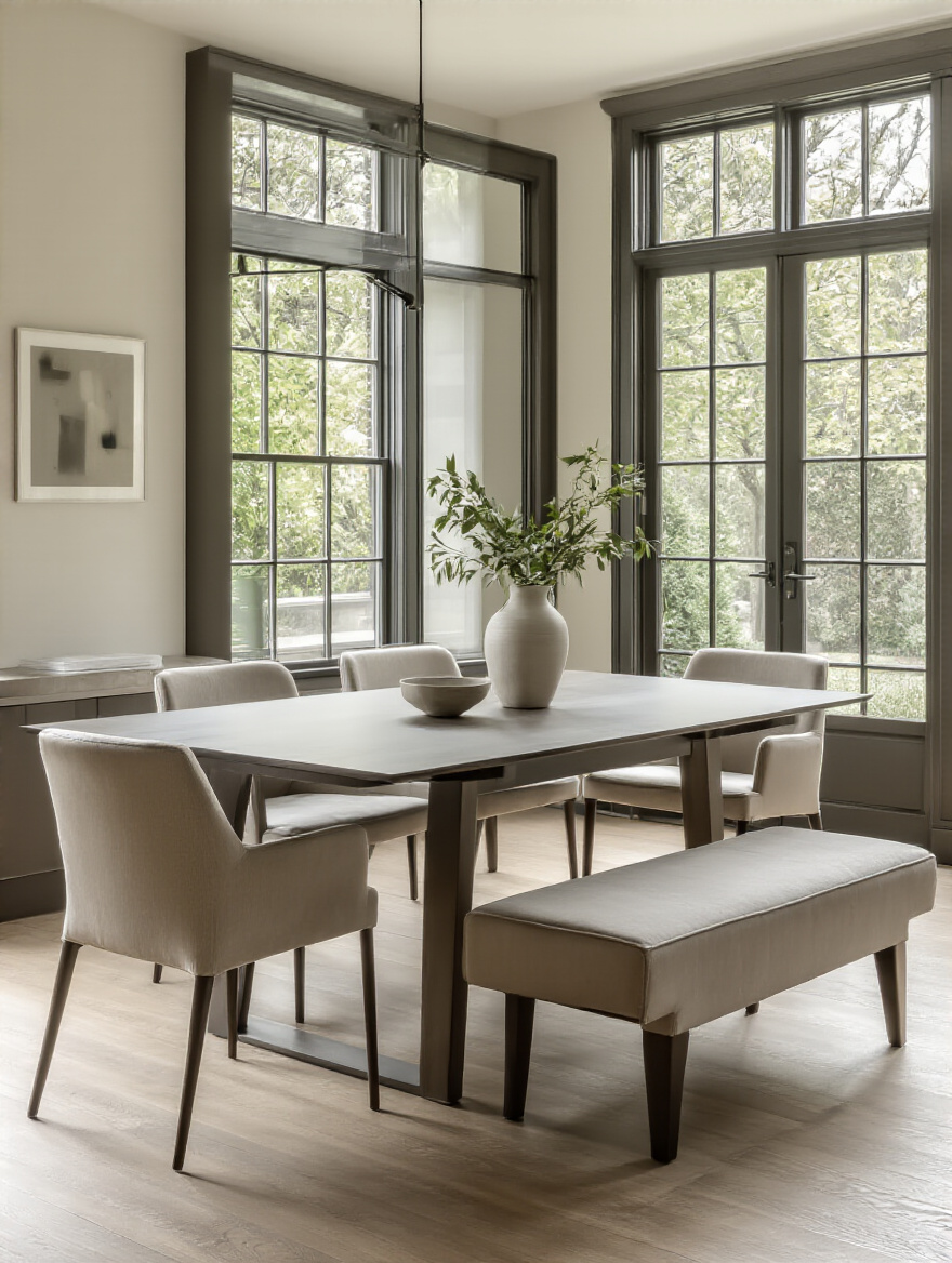 Contemporary dining room with an extendable table, multi-functional storage bench, and sleek chairs, emphasizing adaptability for various lifestyle needs.
