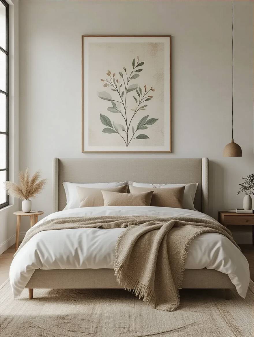 A bedroom interior showcasing a large, contemporary art print expertly scaled to the width of the bed's headboard, creating a sense of balance and aesthetic harmony.