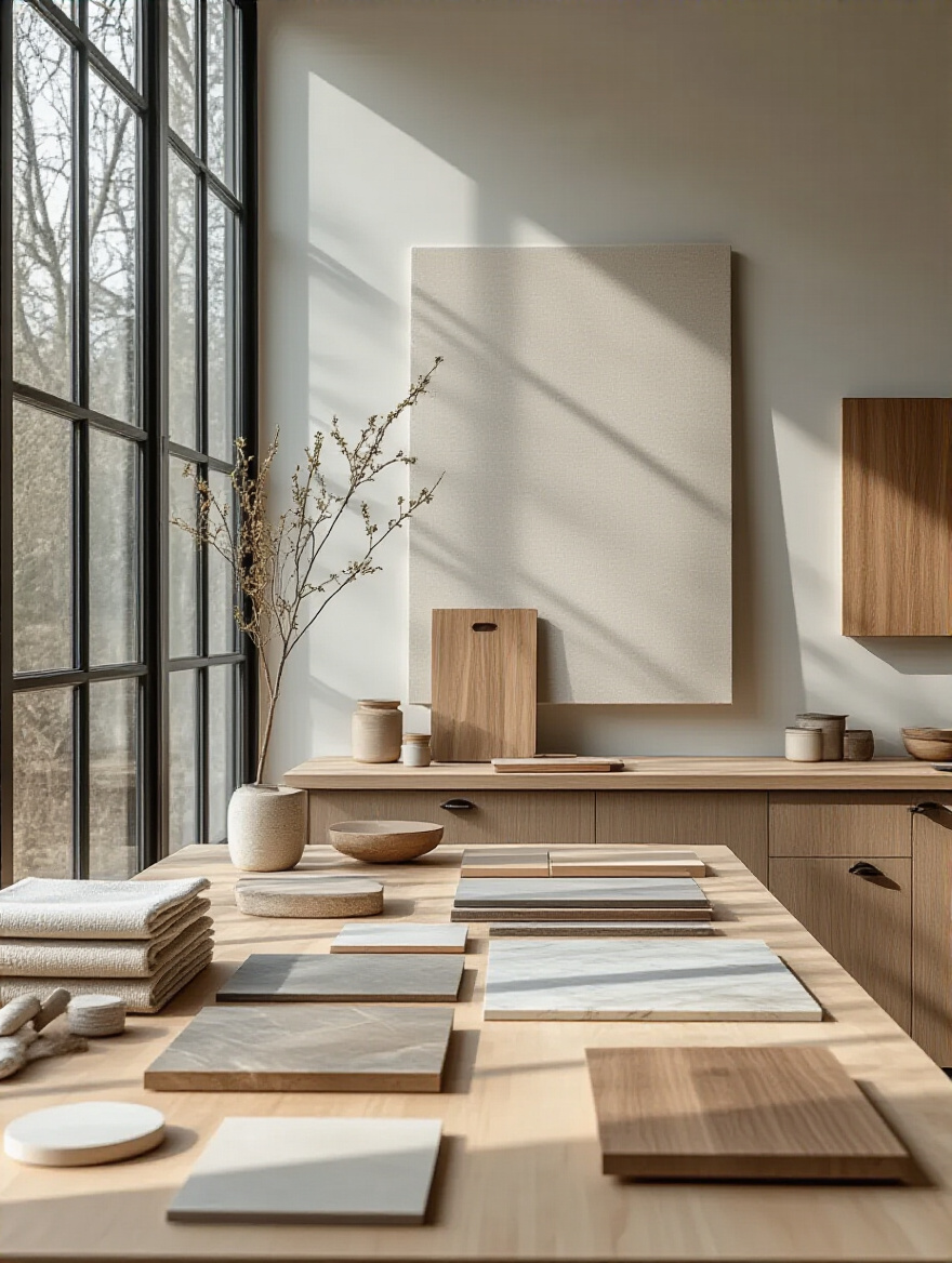 Vertical portrait of a modern kitchen design studio with material samples and mood boards