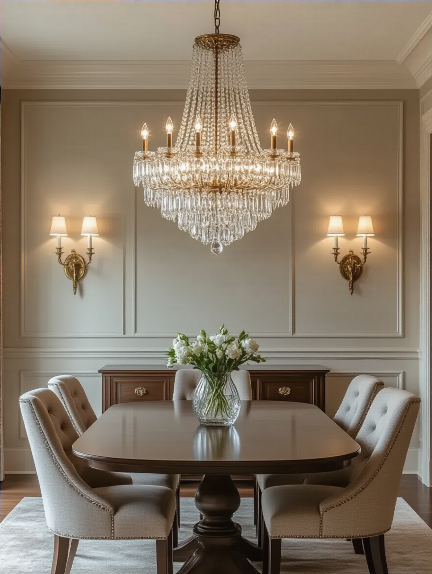 A harmonious dining room featuring a coordinated crystal chandelier, brushed brass wall sconces, and recessed lighting, creating a luxurious and unified aesthetic.