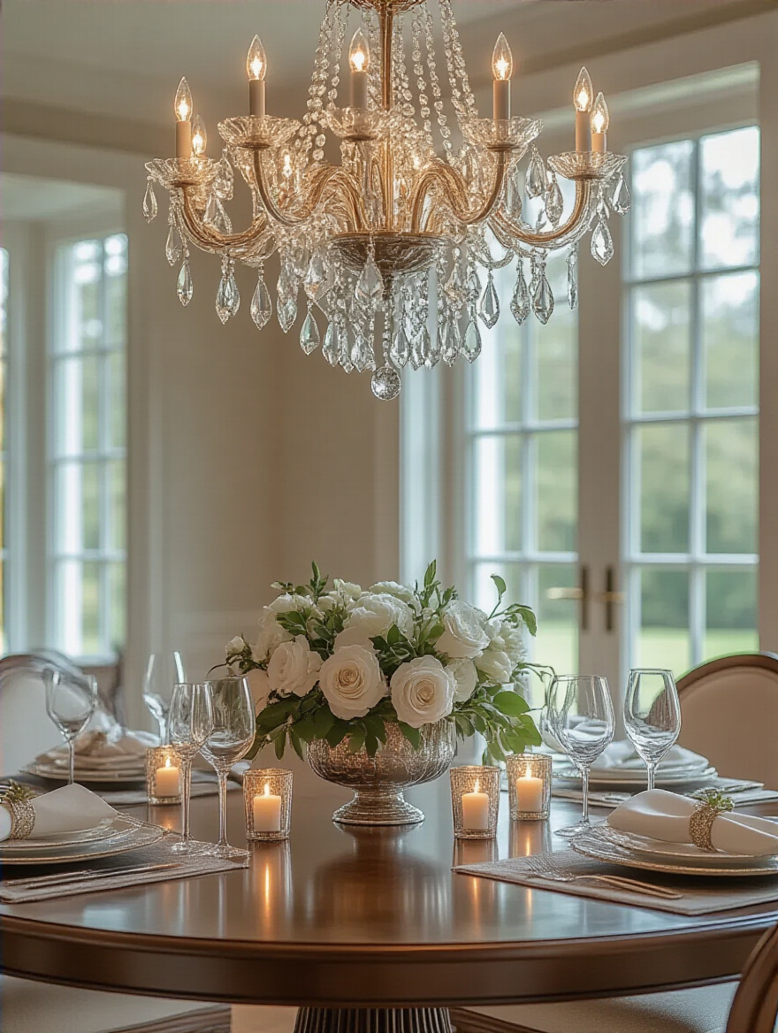 Cohesive dining room with elegant furniture placement, including a centered table, properly spaced chairs, and complementary credenza under a chandelier.