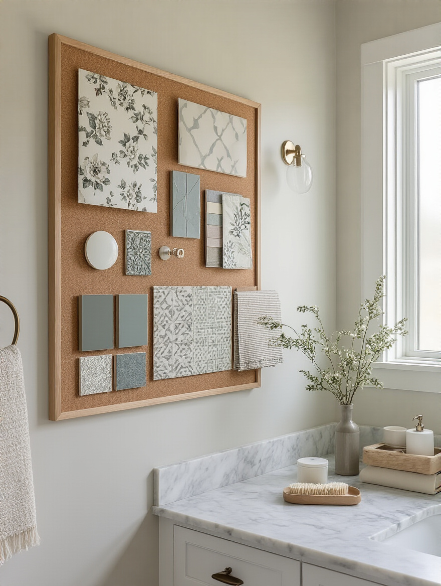 Portrait of a bathroom mood board with wallpaper swatches and tile samples.