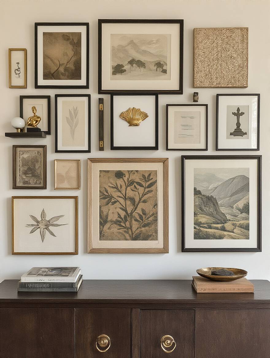 A beautifully arranged personalized gallery wall in a modern dining room, featuring framed art, photographs, and decorative objects above a buffet table.