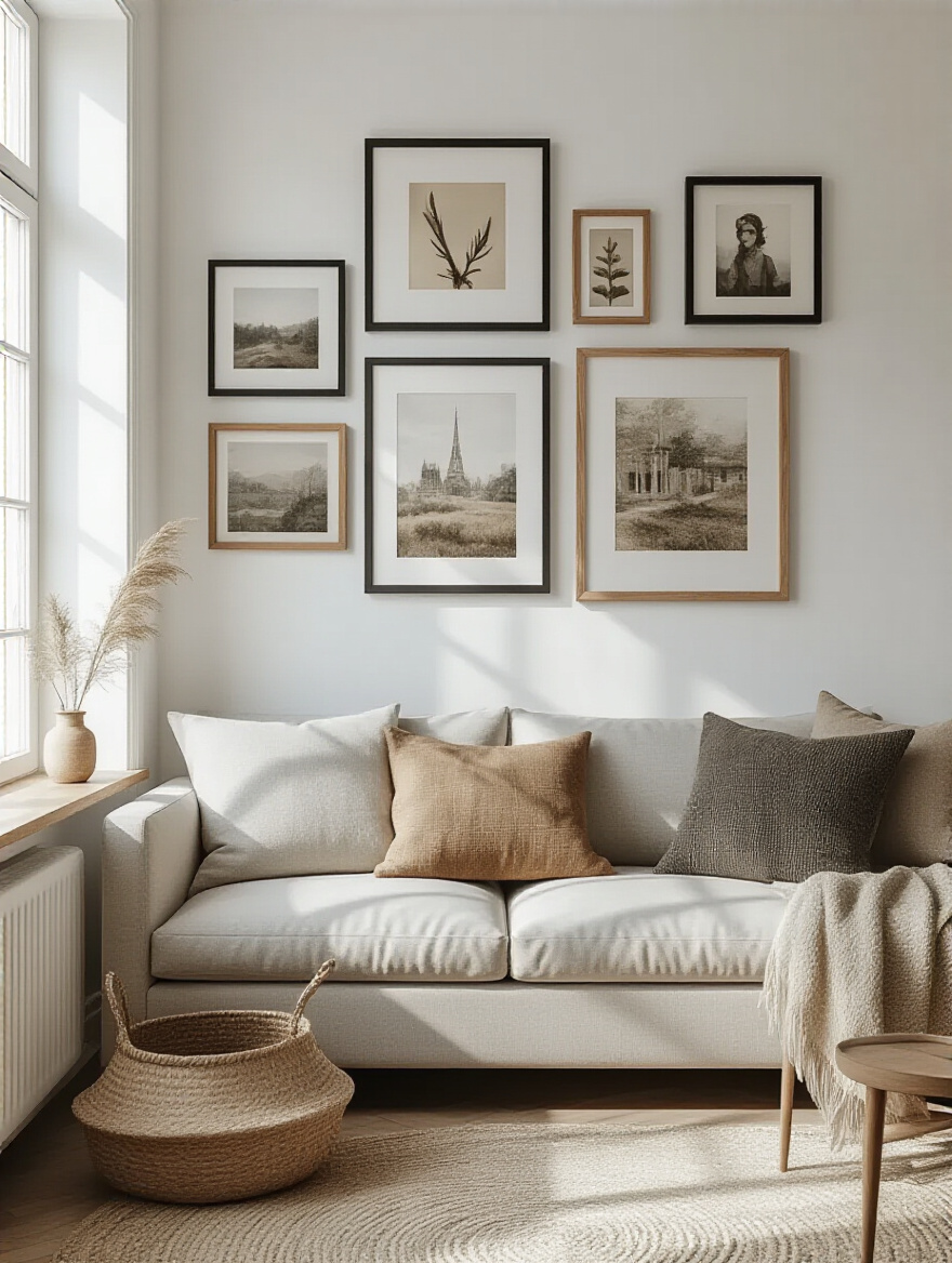Portrait image of a small gallery wall with personal art and photos in a serene living room.