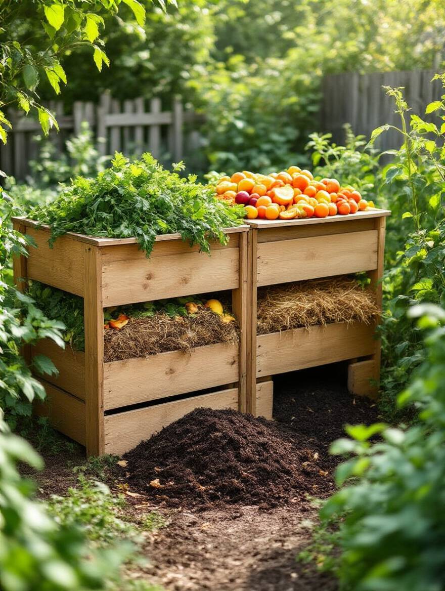 A professional photograph of a well-organized backyard composting system, featuring composting bins with organic materials. The image highlights sustainable gardening and nutrient recycling.