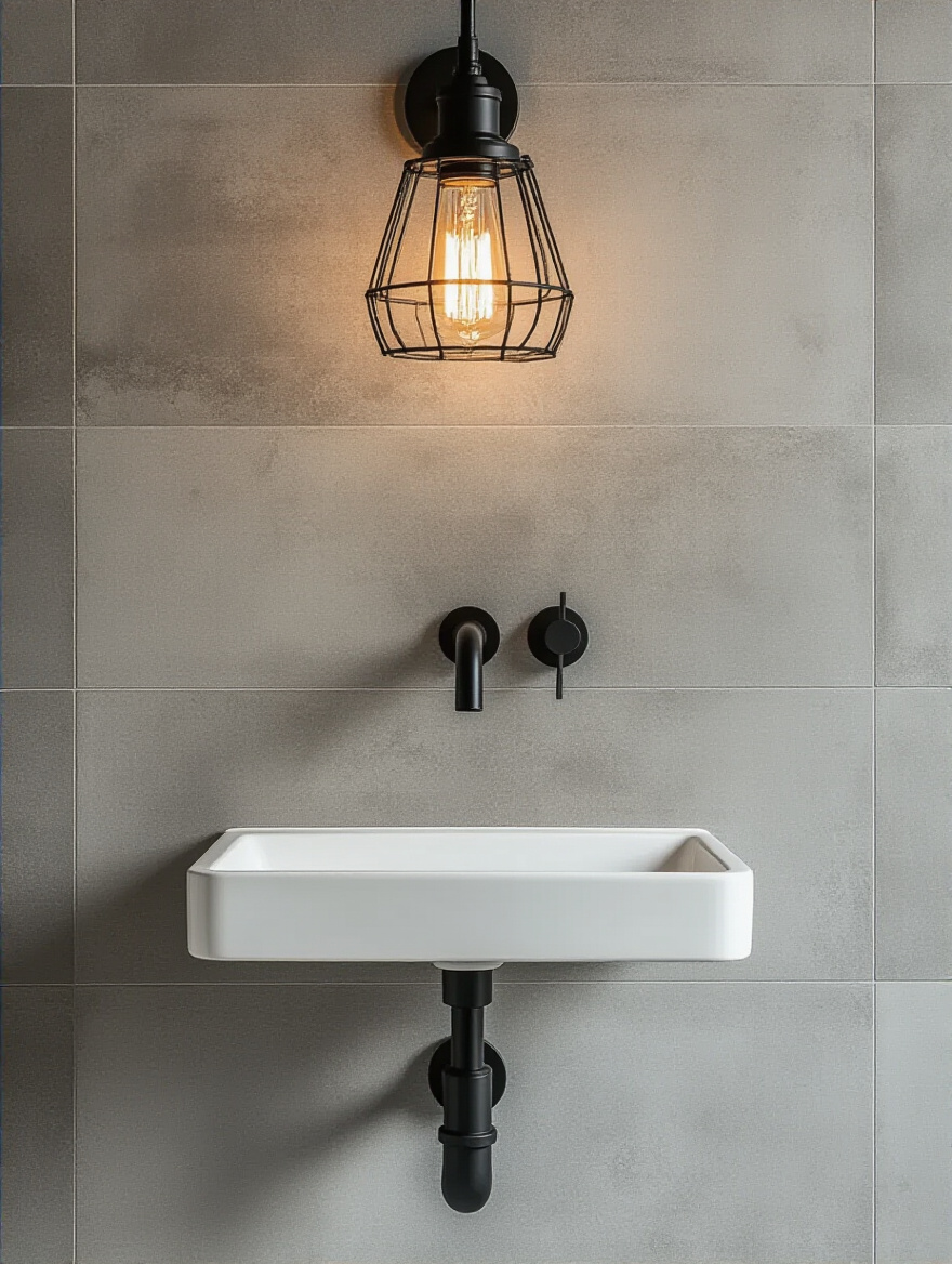 Industrial bathroom interior featuring a captivating feature wall clad in bold black and white geometric graphic cement tiles, with raw concrete surfaces and matte black fixtures.