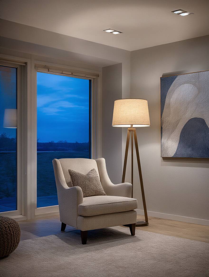 A modern living room showcasing layered lighting fixtures, with a floor lamp illuminating a reading nook, recessed lights providing ambient glow, and a wall sconce highlighting art, all contributing to a sophisticated and warm ambiance at twilight.