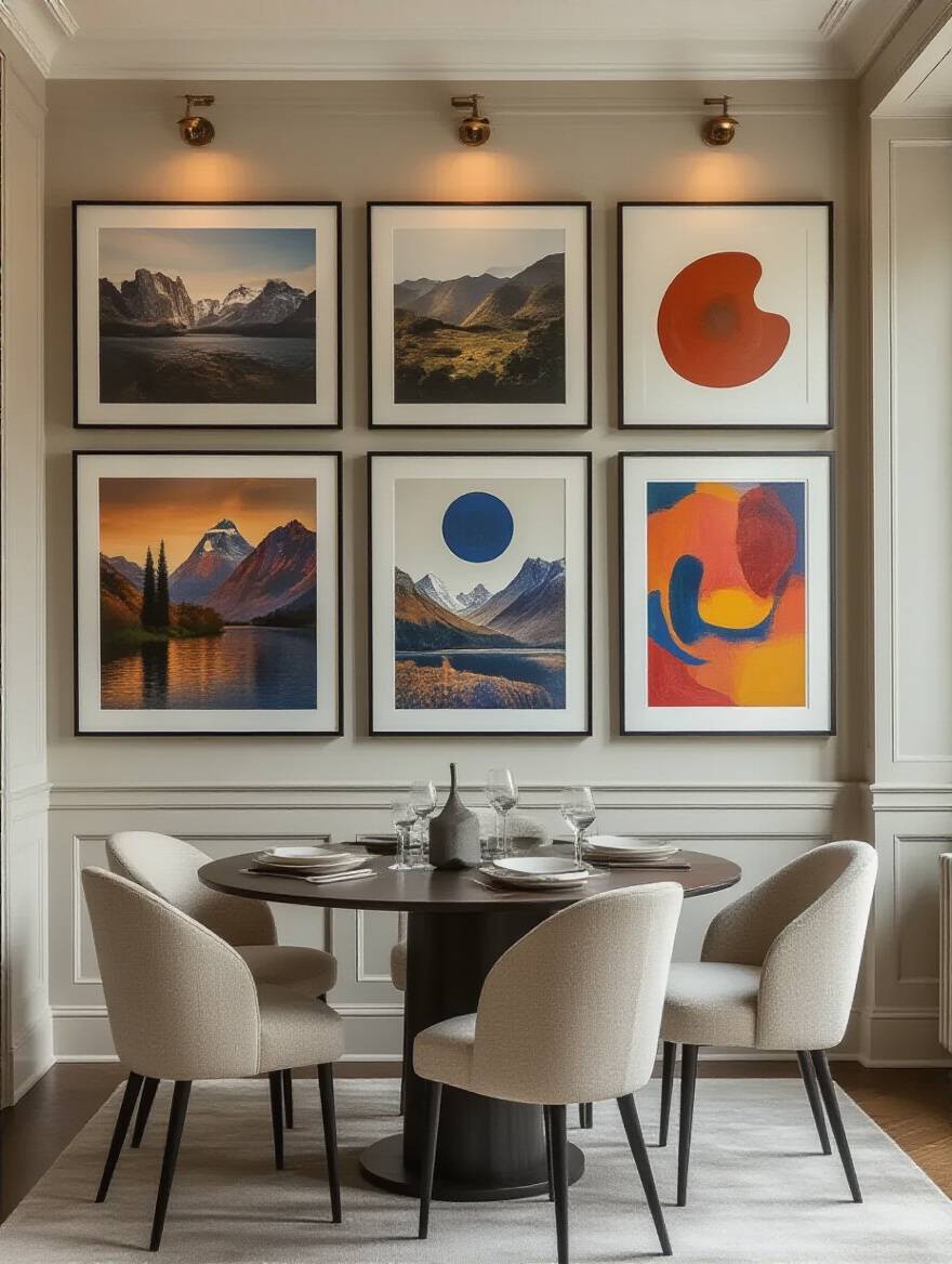 A beautifully curated gallery wall in an elegant dining room featuring diverse wall art, photography, and small sculptures illuminated by accent lights, reflecting personal style and creating a unique atmosphere.