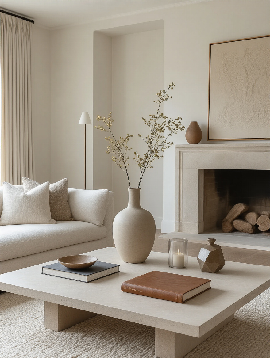 Vertical living room with curated decorative accents on mantel and shelves