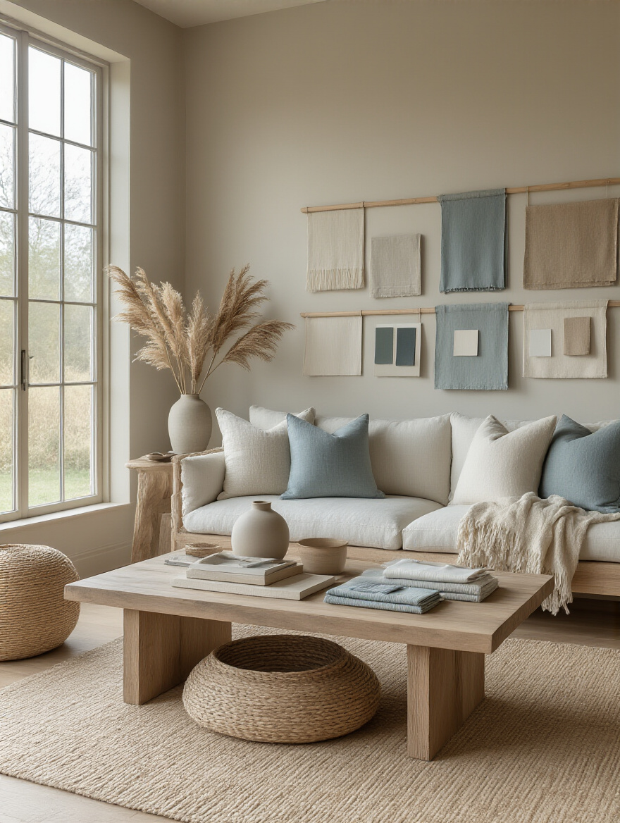 Portrait view of a serene living room with a cohesive core style palette (muted blues, warm neutrals, soft greens) and natural textures.