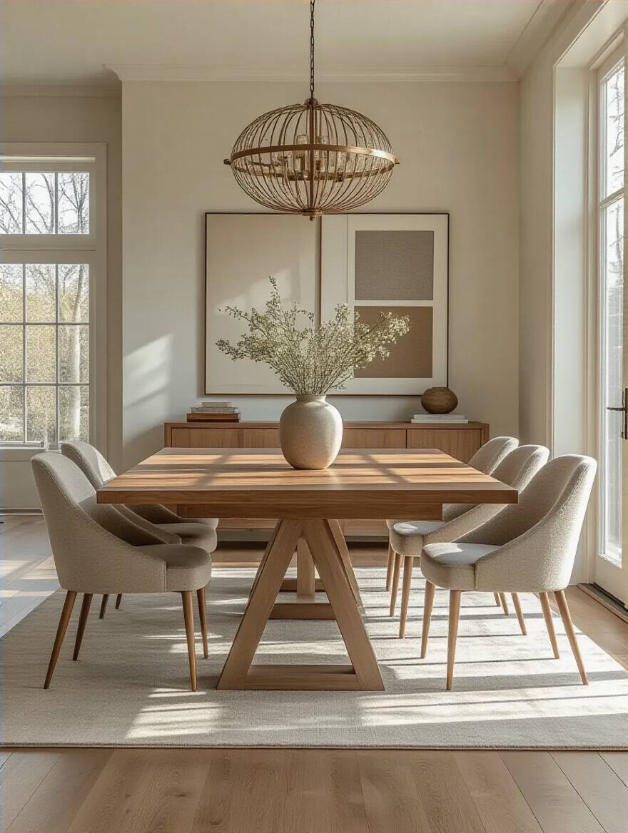 Versatile and stylish dining room with a subtly integrated mood board, illustrating the process of defining function and desired style. Natural light highlights modern furnishings and tasteful decor.