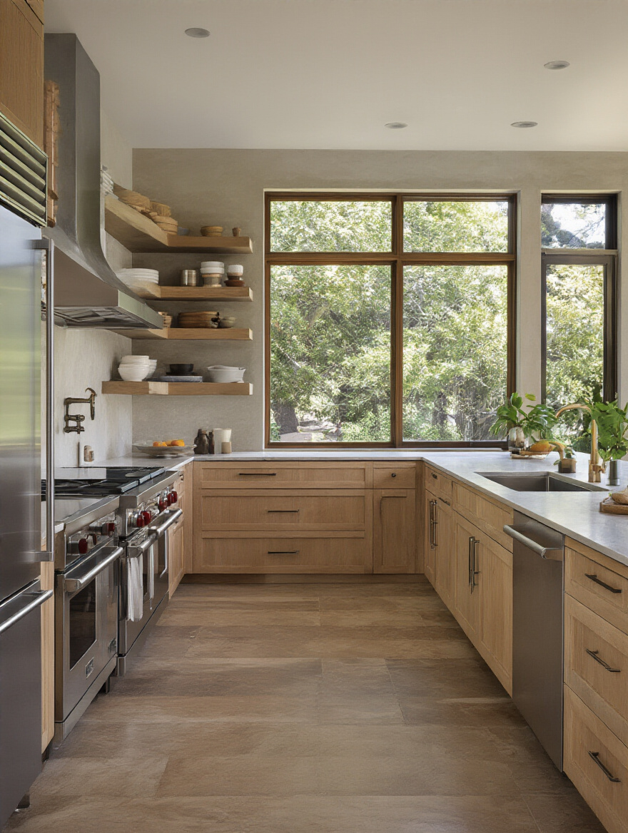 Vertical modern kitchen showing Storage, Prep, Cooking, and Cleaning zones with organized layout