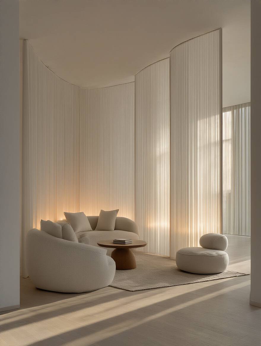 Conceptual portrait image of an empty living room with subtle light zones suggesting different potential activities, representing the importance of defining a room's purpose before selecting furniture.